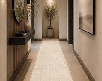 Luxury Hand Tufted Ivory Checkered Runner Rug Modern Minimalist Hallway Wool Carpet