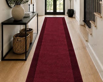 Hand Tufted Burgundy Wool Runner Rug, Modern Hallway Carpet for Entryway and Corridor