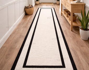 Hand Tufted Ivory Runner Rug Black Border Modern Minimalist Hallway Wool Carpet Decor