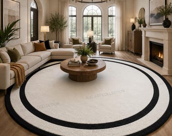 Luxury Hand Tufted Ivory Round Rug Black Border Modern Minimalist Wool Living Room Carpet