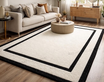 Hand Tufted Ivory Wool Rug Black Border Modern Minimalist Area Carpet for Living Room
