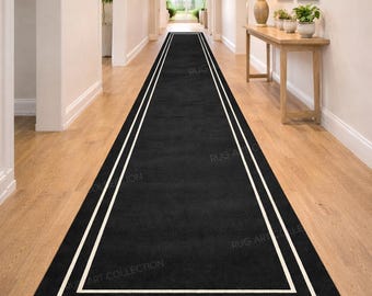 Handmade Black Wool Runner Rug Ivory Border Long Hallway Entryway Carpet Modern Minimal Decor