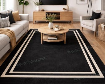 Handmade Black Wool Area Rug Ivory Border, Modern Minimalist Living Room Carpet Home Decor