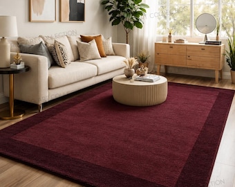 Luxury Hand Tufted Burgundy Wool Area Rug, Modern Wine Red Living Room Carpet