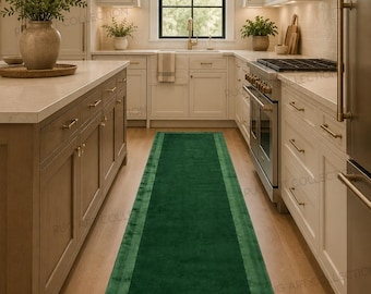 Green Runner Rug Silk Border Hand Tufted Wool Hallway Runner Modern Minimalist Carpet Decor