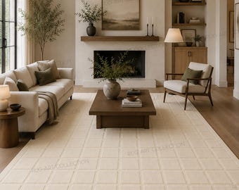 Luxury Hand Tufted Ivory Checkered Area Rug Modern Minimalist Wool Carpet for Living Room
