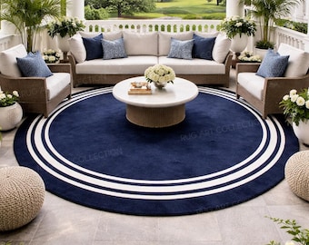 Hand Tufted Navy Blue Round Rug Ivory Border Modern Minimalist Living Room Area Carpet
