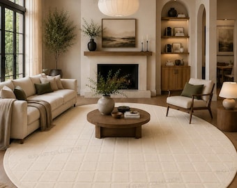Ivory Checkered Round Rug Hand Tufted Wool Carpet Modern Minimalist Living Room Decor
