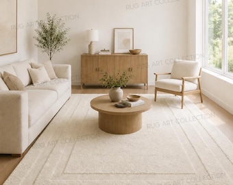 Hand Tufted Ivory Wool Area Rug, Modern Minimal Border Carpet for Living Room Bedroom