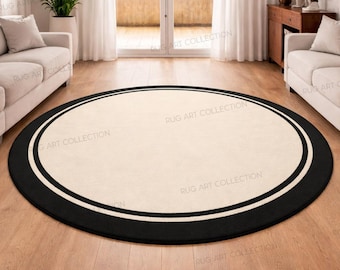 Handmade Round Ivory Wool Rug Black Border Minimalist Modern Scandinavian Living Room Bedroom Decor