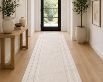 Hand-Tufted Ivory Wool Runner Rug, Modern Hallway Carpet for Entryway and Corridor