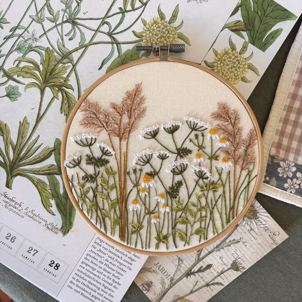 Hand Embroidered Wildflower Meadow Hoop Art, Cottagecore Botanical Decor, 15.5 cm