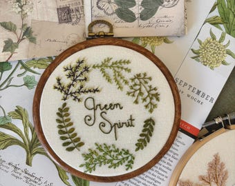 Botanical Embroidery Hoop Art: Green Spirit Fern and Leaf Embroidered Decor