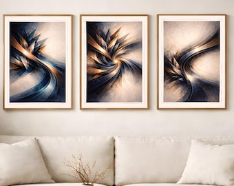 Kupfer Nacht Abstrakte Kunstdruck Set - Kinetische Geometrie Triptychon, druckbare Wandkunst - digitaler Download