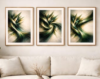 Tríptico abstrato verde e dourado – Arte de parede imprimível em geometria cinética - Download digital