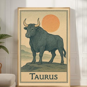 牡牛座ポスター - 星座の雄牛のヴィンテージ風景プリント、印刷可能な壁アート - デジタルダウンロード