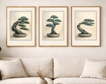Kinetic Geometry Bonsai Tree, Set of 3, Printable Wall Art - Modern Zen, Digital Download