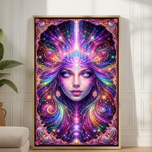 May include: A framed artwork featuring a vibrant, psychedelic portrait of a woman with flowing, colorful hair and a radiant aura. The artwork is dominated by shades of purple, blue, and orange, with intricate details and a celestial theme. The artwork is displayed in a room with a neutral color palette.