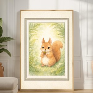Könnte beinhalten: Ein gerahmter Aquarelldruck eines Eichhörnchens, das eine Eichel hält. Das Eichhörnchen hat orangefarbenes Fell und ist von grünem Laub umgeben. Der Rahmen hat eine helle Holzfarbe mit einem Doppelrand.