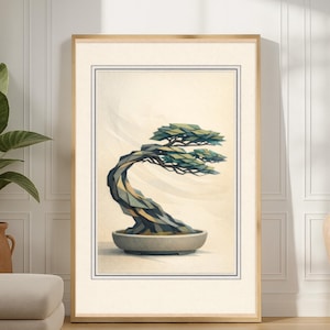May include: A framed print of a stylized bonsai tree. The artwork shows a bonsai with green leaves and a geometric trunk in a grey pot. The print is in a light wood frame, with a neutral background.