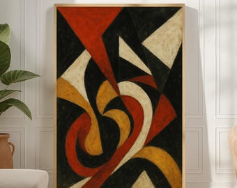 Kinetic Geometry Abstract Art Poster – Noir, Crimson, Ochre Print, Printable Wall Art - Digital Download