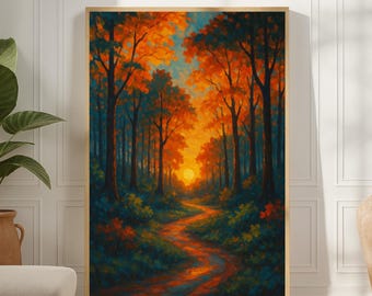 Autumn Forest Path Print – Teal & Burnt Orange Landscape Poster, Printable Wall Art - Digital Download