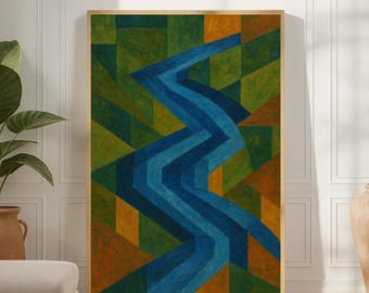 Kinetic Geometry Zigzag Flow Poster — Teal Ribbon Abstract Print, Printable Wall Art | Digital Download