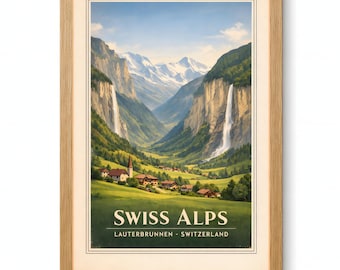 Affiche vintage de la vallée de Lauterbrunnen, cascade des Alpes suisses, téléchargement numérique d'art mural