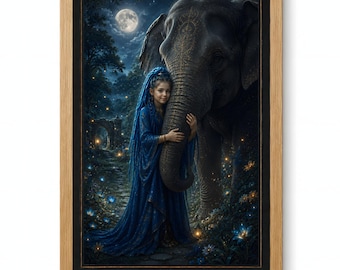 Elefanten-Wächtermädchen, Wandbild im Mondschein, blaue Dreadlocks, verzauberte Tierdekoration, digitaler Download