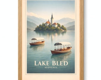 Lake Bled Pletna Boats Vintage Travel Poster Printable Wall Art Digital Download