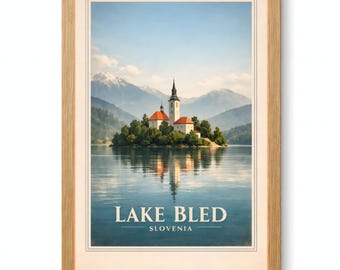 Lake Bled Island Church Vintage Travel Poster Printable Wall Art Digital Download