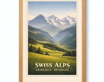 Affiche vintage des Alpes suisses de Grindelwald, montagne Meadow imprimable art mural en téléchargement numérique