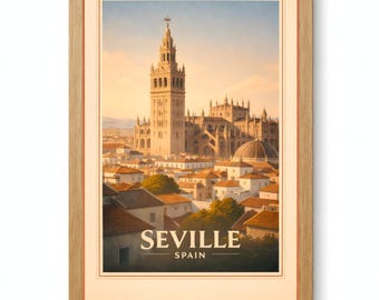 Seville Giralda Cathedral Skyline Vintage Travel Poster Printable Wall Art Digital Download