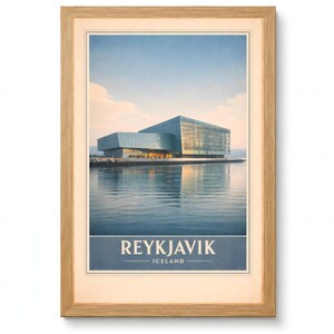 Reykjavik Harpa-affisch, Islands kustlinjetryck, modern nordisk arkitektur utskrivbar väggkonst digital nedladdning