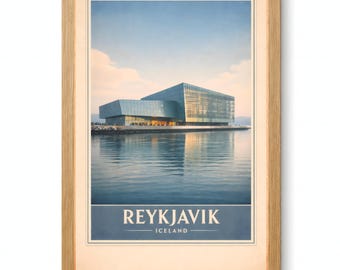 Reykjavik Harpa Poster, Iceland Waterfront Print, Modern Nordic Architecture Printable Wall Art Digital Download
