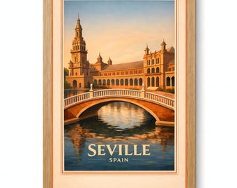 Seville Plaza de Espana Bridge Vintage Travel Poster Printable Wall Art Digital Download
