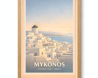 Mykonos Chora Windmill Travel Poster Printable Greek Coastal Wall Art Digital Download