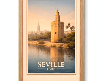 Seville Torre del Oro River Vintage Travel Poster Printable Wall Art Digital Download