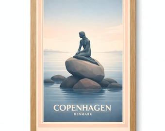 Kopenhagen kleine Meerjungfrau Statue Poster, Dänemark Küsten druckbare Wandkunst, Vintage Reise digitaler Download