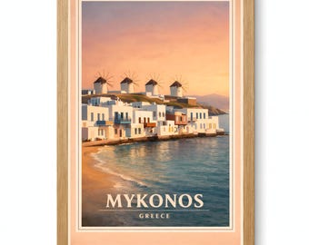 Mykonos Little Venice Sunset Travel Poster Printable Coastal Wall Art Digital Download