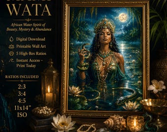 Mami Wata, déesse africaine, esprit de l'eau au clair de lune : illustration murale à imprimer, téléchargement numérique