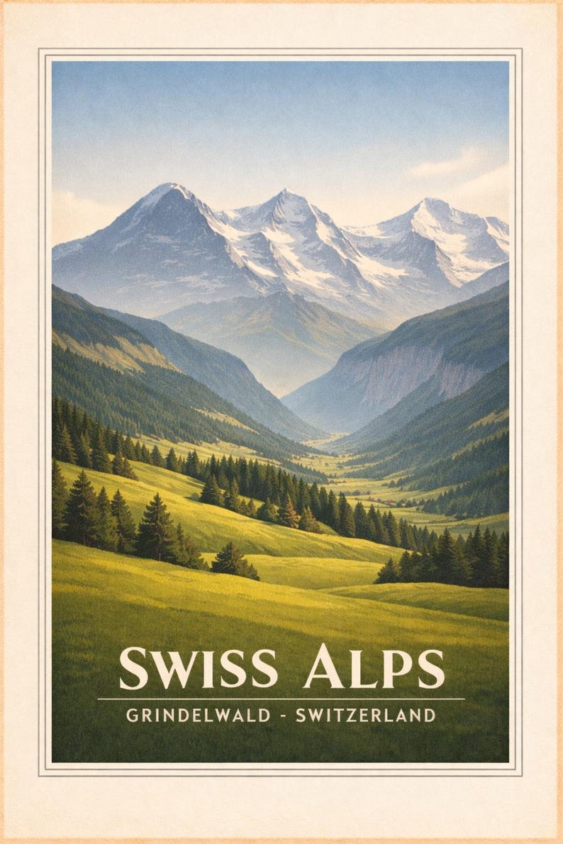 Grindelwald Swiss Alps Vintage Poster, Mountain Meadow Printable Wall ...