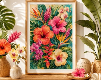 Könnte beinhalten: Ein gerahmter Wandkunstdruck mit einem lebendigen tropischen Blumenarrangement aus großen orangefarbenen, rosafarbenen und cremefarbenen Hibiskusblüten, violetten Orchideen und Paradiesvogelblumen inmitten üppiger grüner Palmenblätter.