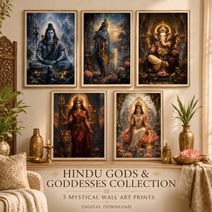 Könnte beinhalten: Eine Sammlung von fünf gerahmten Wandkunstdrucken mit hinduistischen Gottheiten wie Shiva, Krishna, Ganesha, Durga und Lakshmi. Der Text HINDU GODS & GODDESSES COLLECTION 5 MYSTICAL WALL ART PRINTS DIGITAL DOWNLOAD ist unter den Bildern abgedruckt.
