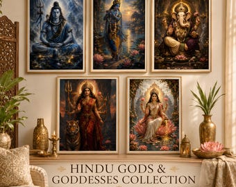 Hindu Gods and Goddesses Bundle Shiva Krishna Ganesha Durga Lakshmi Wall Art, Digital Download