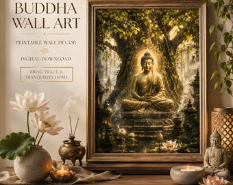 Buddha Statue Printable Wall Art, Golden Lotus Temple Digital Download