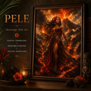 Lámina decorativa imprimible de Pele, diosa hawaiana de los volcanes, mitología (descarga digital)