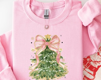 Pink Christmas Tree Sweatshirt, Coquette Bow Christmas Shirt, Girly Holiday Crewneck, Cute Xmas Sweater, Christmas Gift for Her