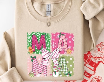 Christmas Mama Sweatshirt, Pink Green Holiday Mom Crewneck, Coquette Bow Christmas Shirt, Cute Festive Gift for Mom