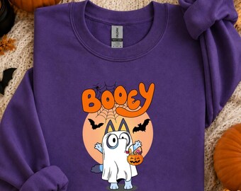Cute Ghost Dog Halloween Sweatshirt, Booey Spooky Season Crewneck, Trick or Treat Puppy Shirt, Purple Halloween Sweater